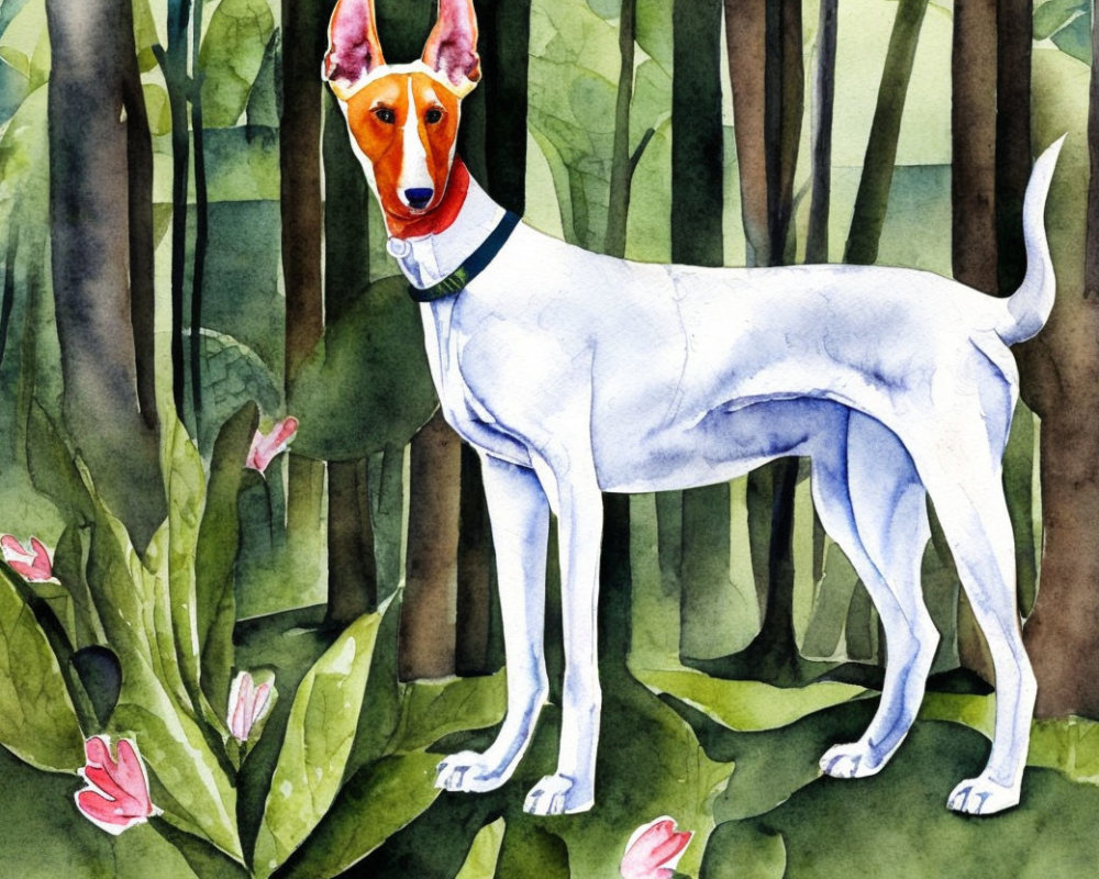 White Dog Watercolor Painting with Forest Background and Pink Flowers