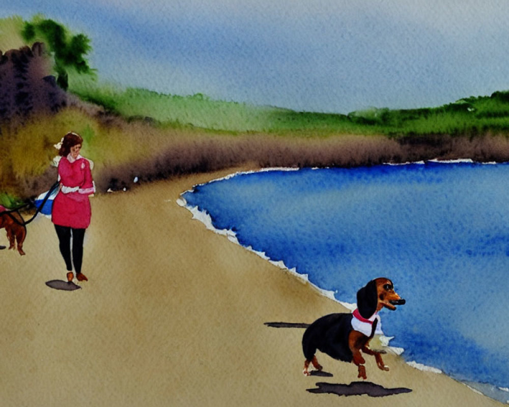 Watercolor painting: Woman walking dogs by serene lake