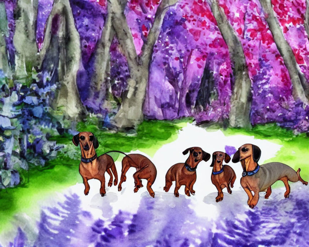 Four dachshunds on leash in colorful watercolor forest with blooming trees