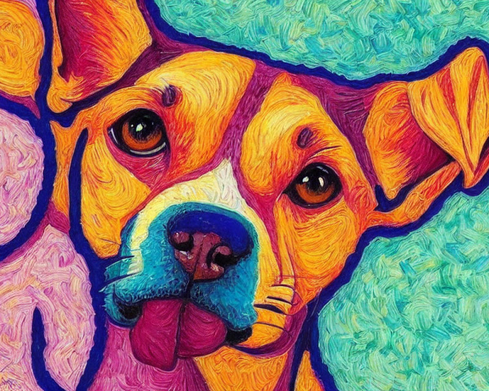 Vibrant textured painting of a colorful dog in yellow, blue, and pink