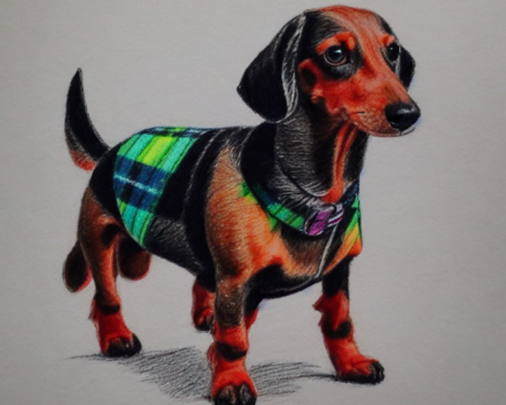 Detailed colored pencil drawing of a dachshund in green plaid coat