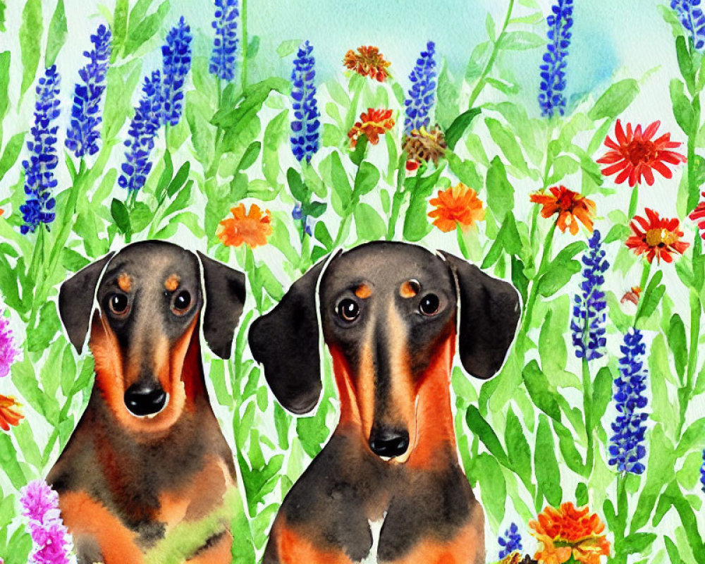 Dachshunds with wildflowers in watercolor art