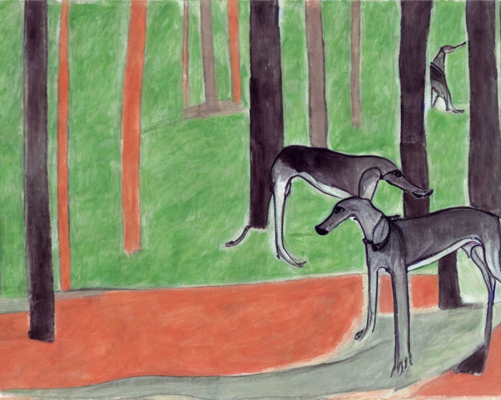 Stylized forest scene with two greyhounds
