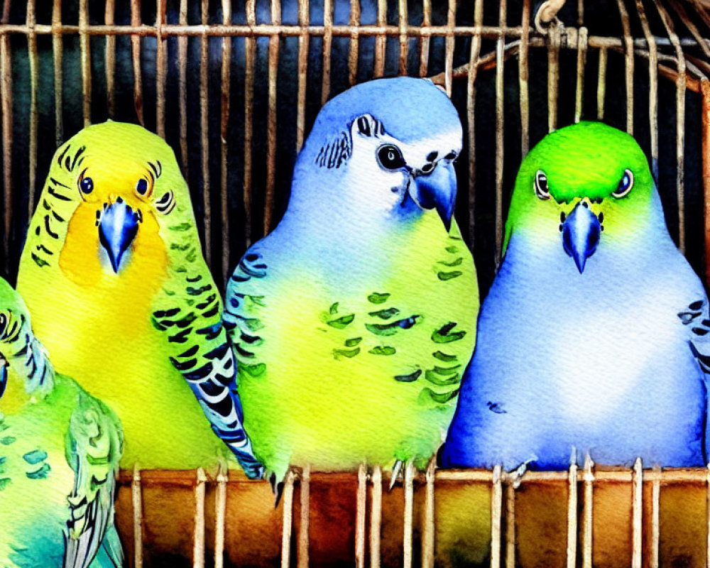 Vibrant Watercolor Parakeets in Colorful Cage