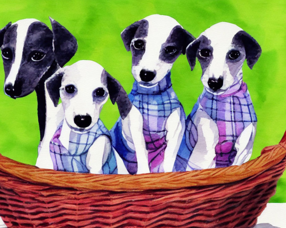 Four Puppies in Blue and Purple Scarves in Brown Basket on Green Background