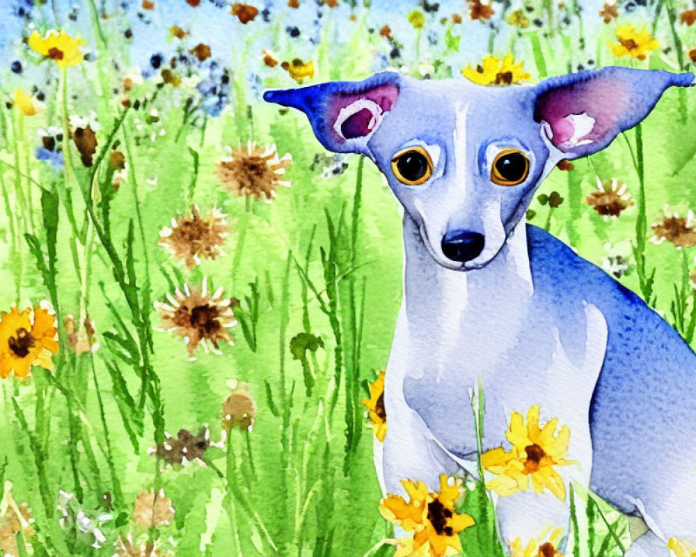 Stylized watercolor painting of blue-grey dog in nature