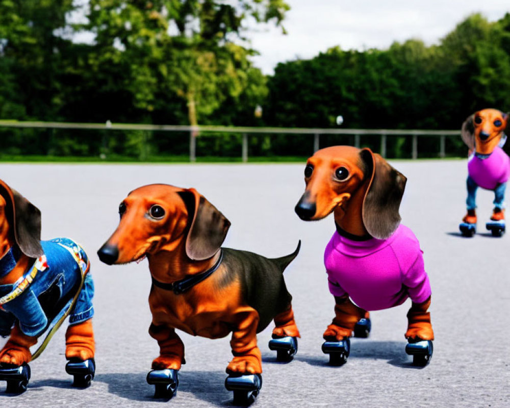 Three Dachshund Dogs in Colored Shirts on Skateboards