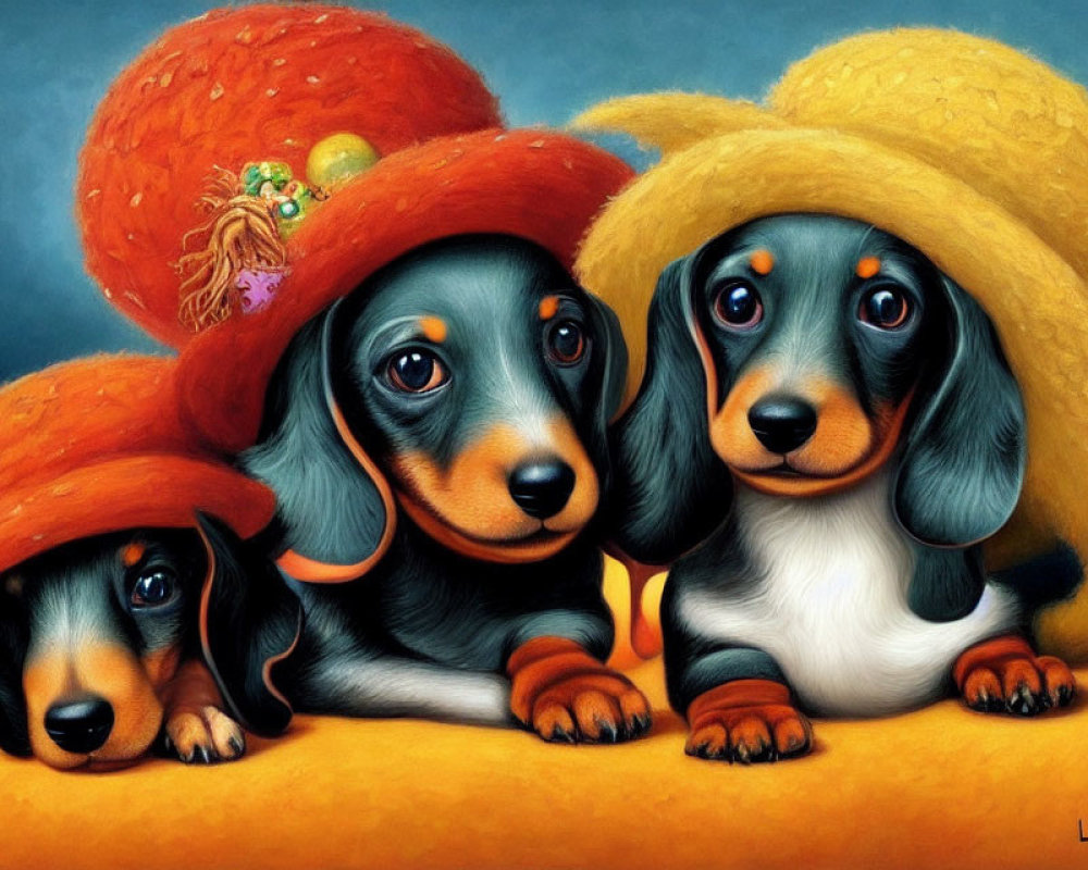 Three dachshund puppies in colorful hats on blue background