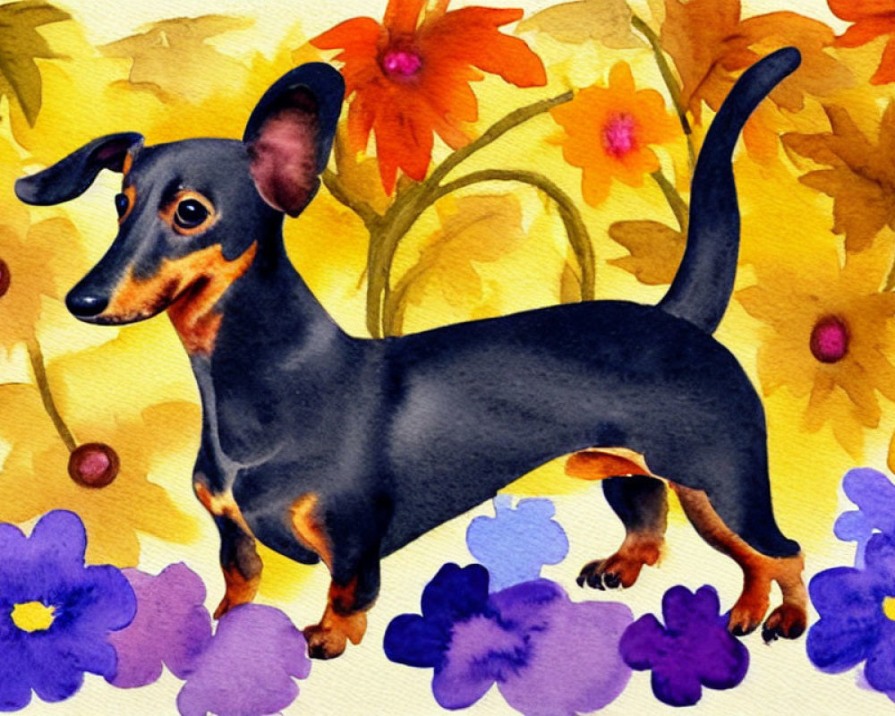 Colorful Watercolor Painting of Dachshund with Flowers on Textured Background