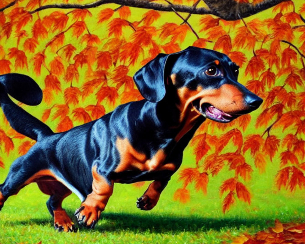 Playful dachshund running amidst vibrant autumn leaves