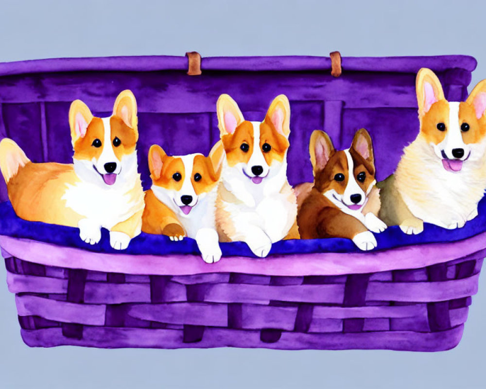 Five Cartoon Corgis in Purple Basket on Blue Watercolor Background