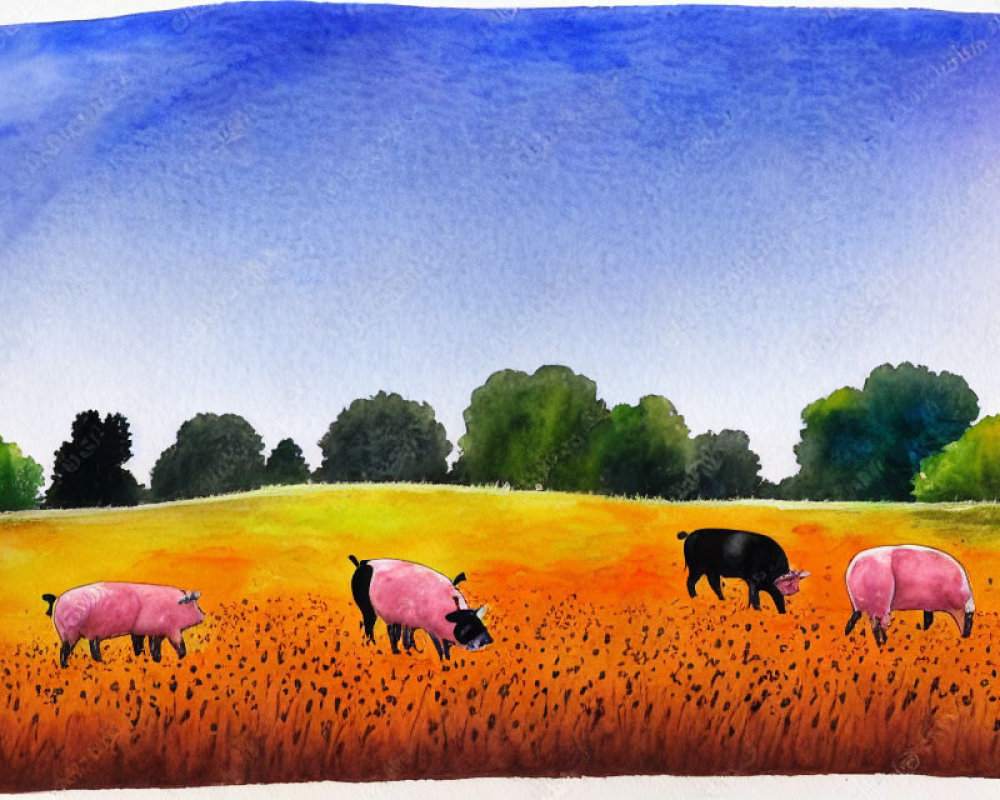 Vibrant Watercolor Landscape with Grazing Pigs