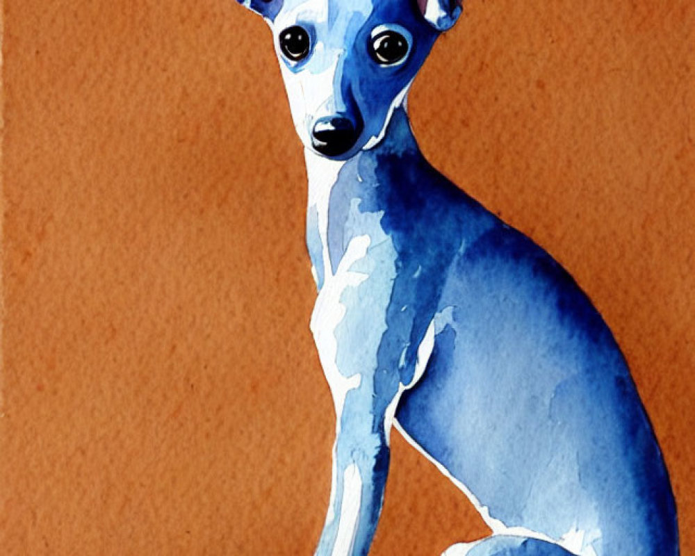 Blue-Grey Dog Watercolor Painting on Textured Brown Background