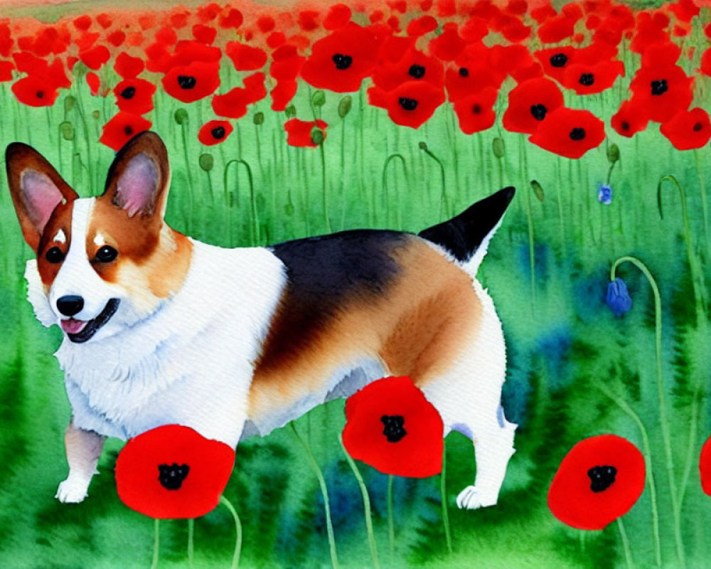 Vibrant watercolor painting of Corgi dog in red poppy field