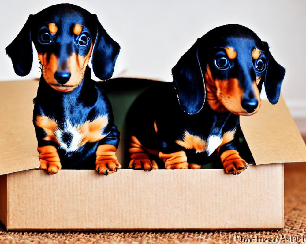 Two cute dachshund puppies in cardboard box on carpeted floor