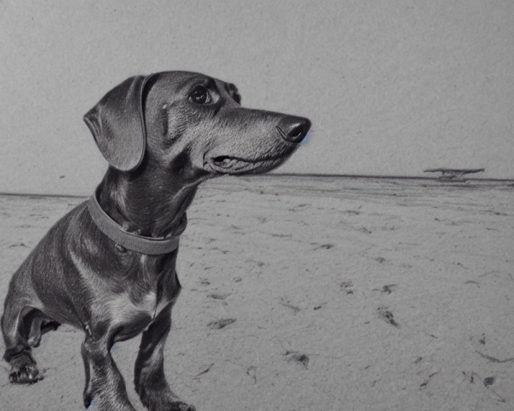 Short-haired dachshund with collar gazing sideways on sandy paw prints