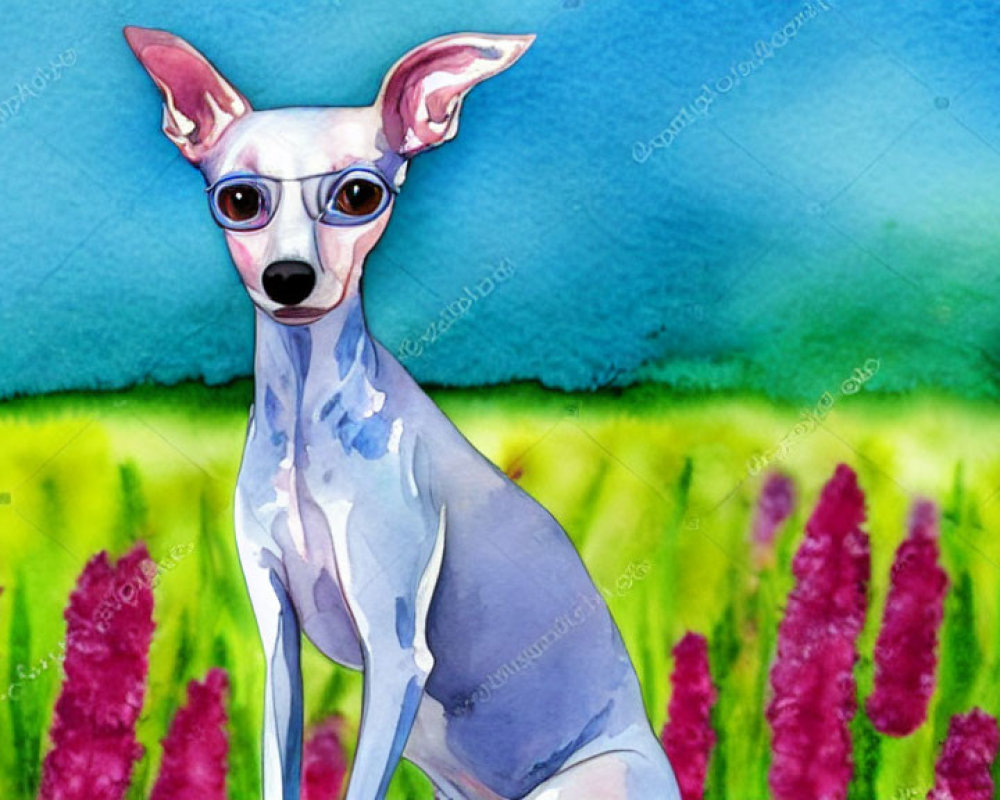 Greyhound Watercolor Painting with Pink Flowers and Blue-Green Background