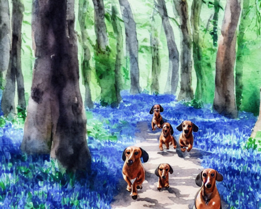 Five Dachshunds in Bluebell Forest Watercolor Painting