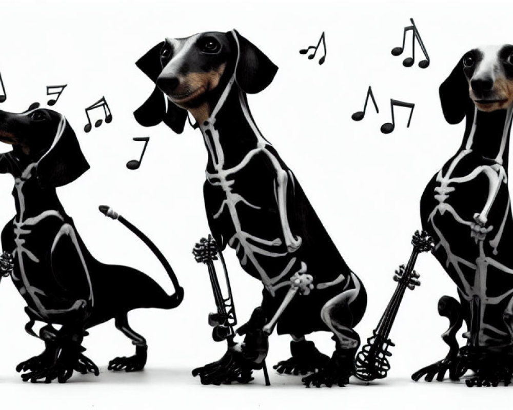 Three dachshunds painted as skeletons singing with musical notes.