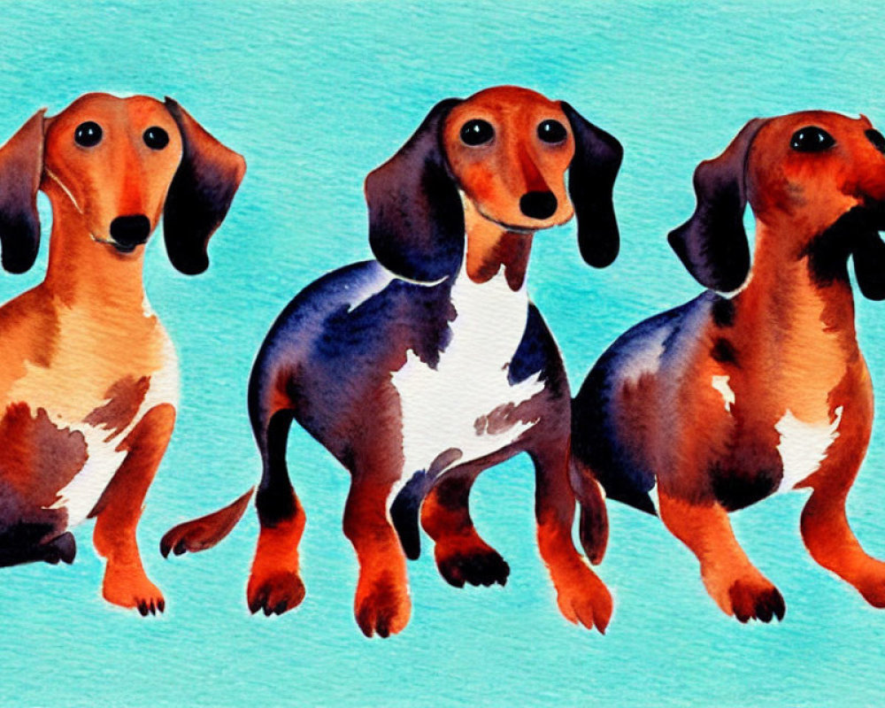 Three Watercolor Dachshunds in Red, Dappled, and Dark Coats on Blue