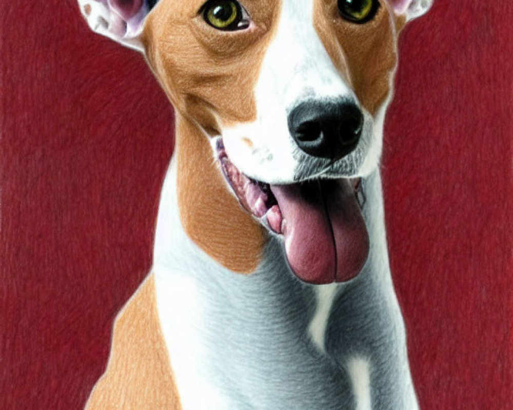 Tan and White Dog with Pointed Ears on Red Background