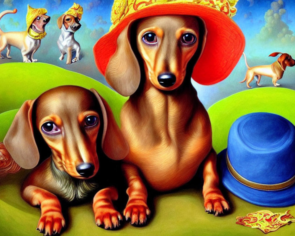 Colorful surreal setting with stylized dachshunds wearing hats