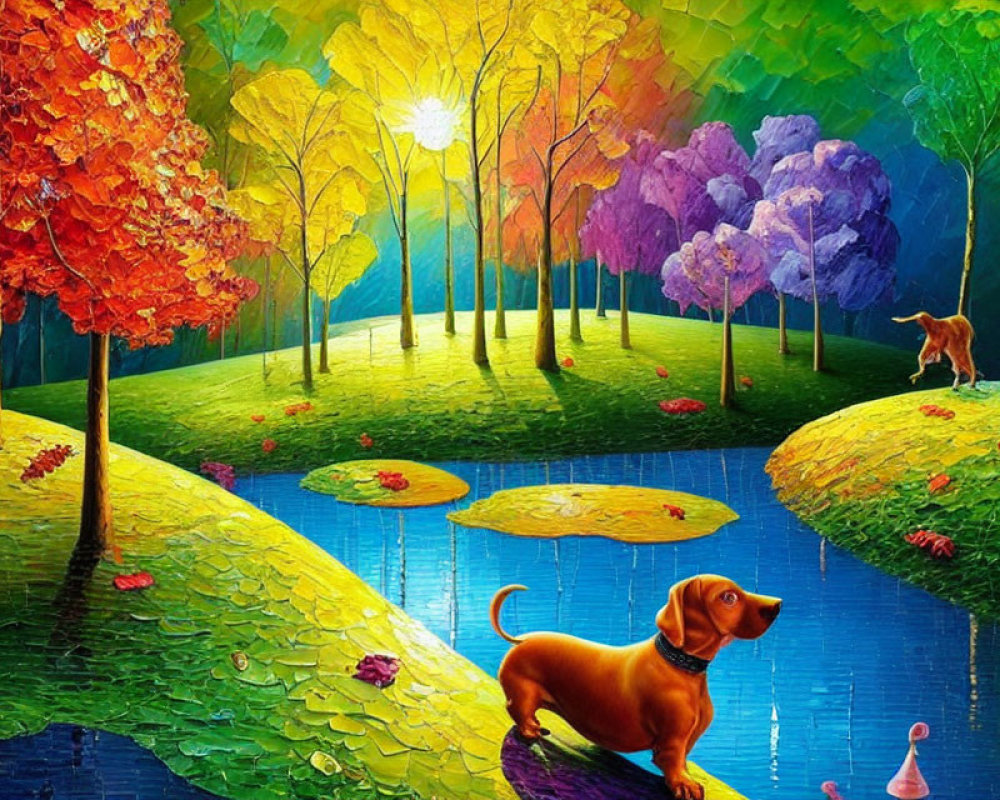 Colorful trees and dogs near pond in vibrant painting