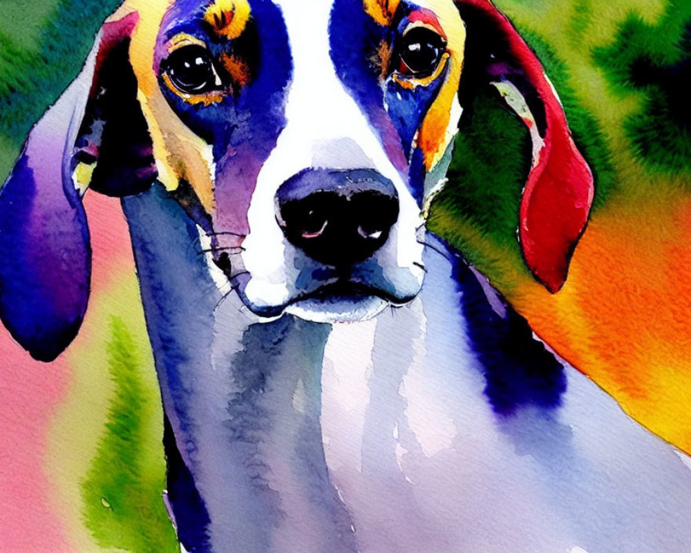 Colorful Watercolor Painting of Dog with Expressive Eyes