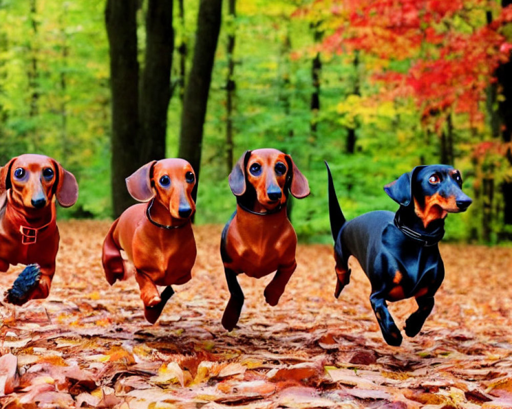 Three dachshunds in a vibrant autumn forest with scattered leaves