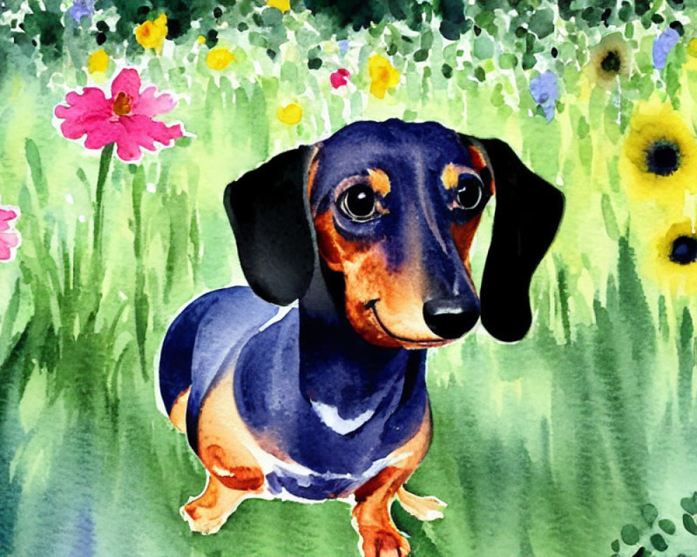 Vibrant watercolor painting of dachshund in flower-filled field