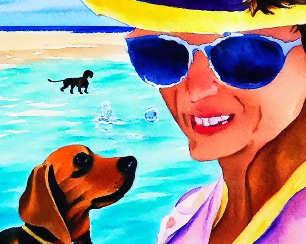 Smiling woman with sunglasses and yellow hat holding a small dog, another dog in the sea