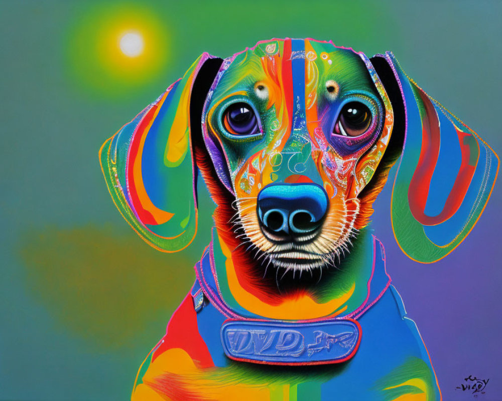 Colorful Psychedelic Dog Painting with Sun Motif on Gradient Background