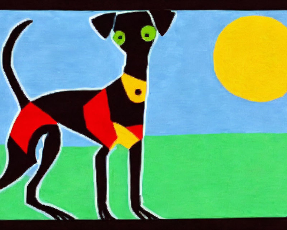 Stylized painting of black dog with red and yellow patches on green grass under blue sky