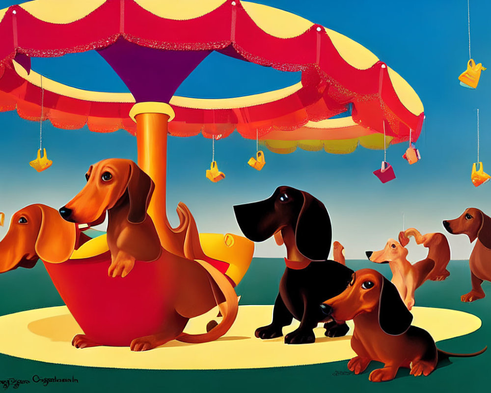Whimsical anthropomorphic dachshunds carousel illustration
