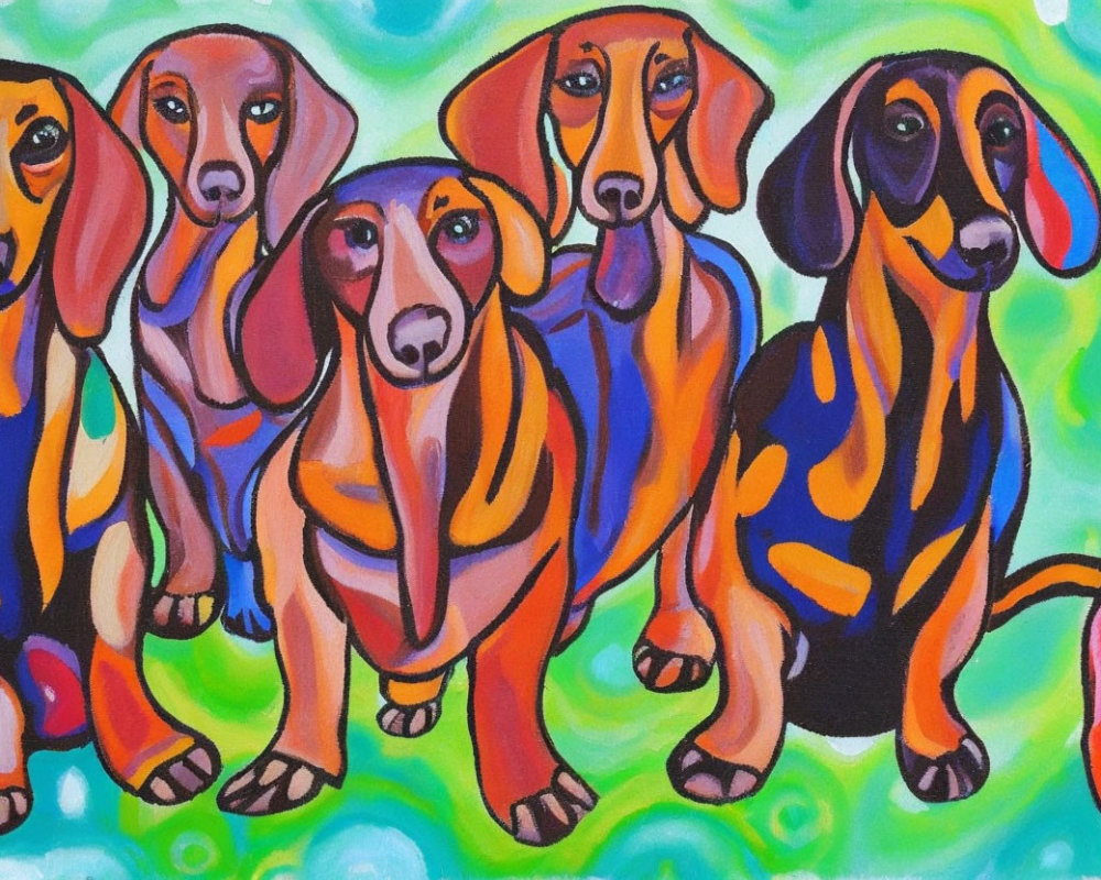 Vibrant painting of stylized dachshunds on swirling background