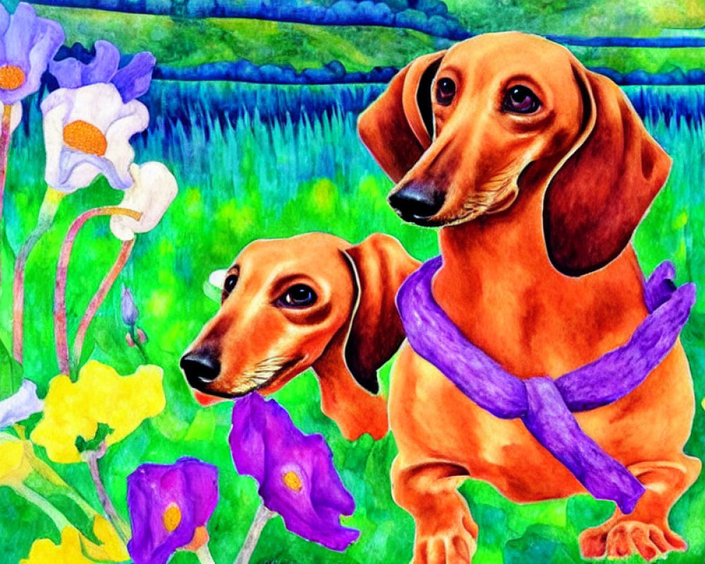 Colorful Dachshunds with Purple Scarves in Vibrant Floral Setting