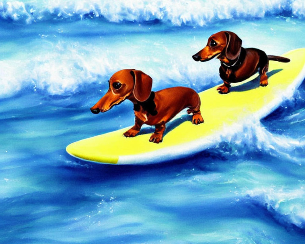 Two Dachshunds Surfing on Yellow Board