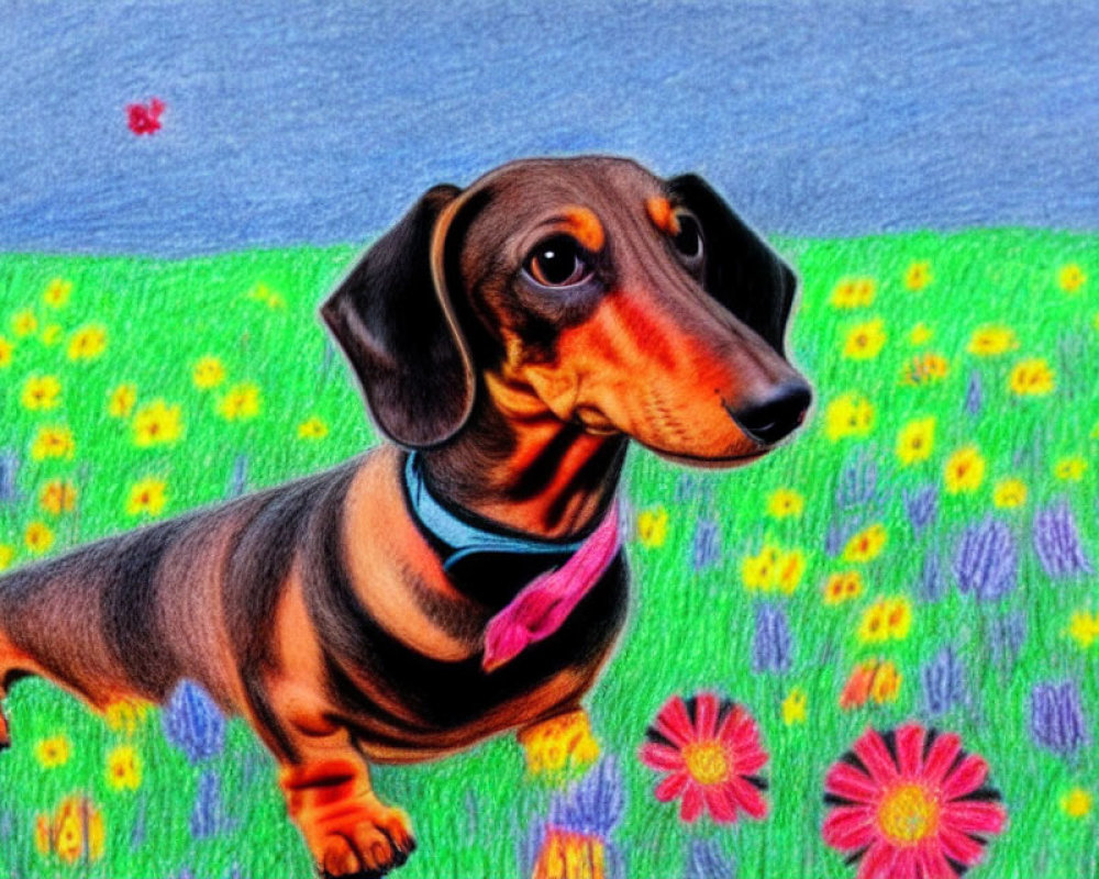 Colorful Dachshund Illustration in Flower Field