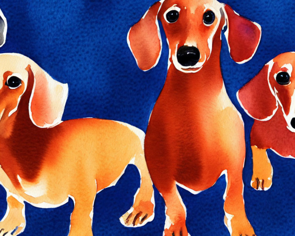 Illustrated Dachshunds on Blue Background with Central Focus