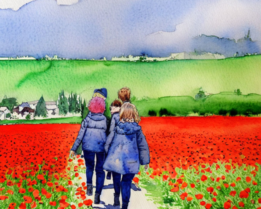 Children walking through vibrant red poppy field in countryside