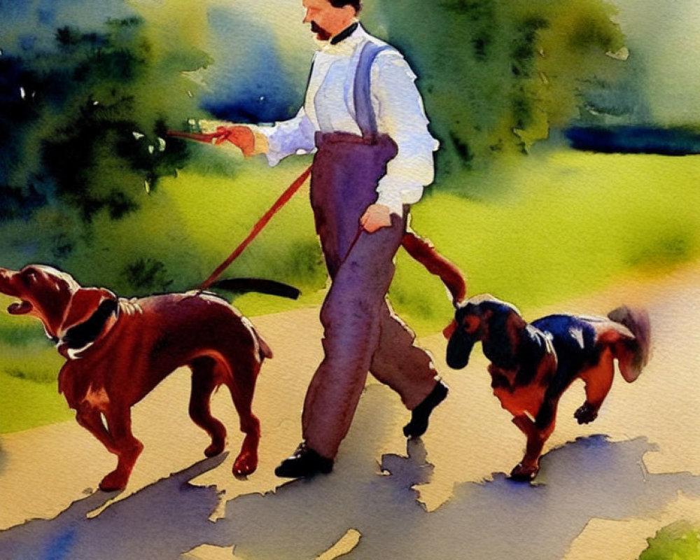 Person walking two dogs in vibrant watercolor scenery