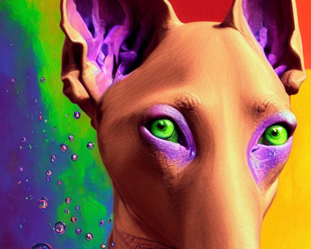 Colorful Digital Artwork Featuring Dog with Green Eyes