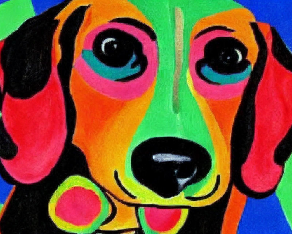 Vibrant abstract dog painting with prominent eyes on blue and green background