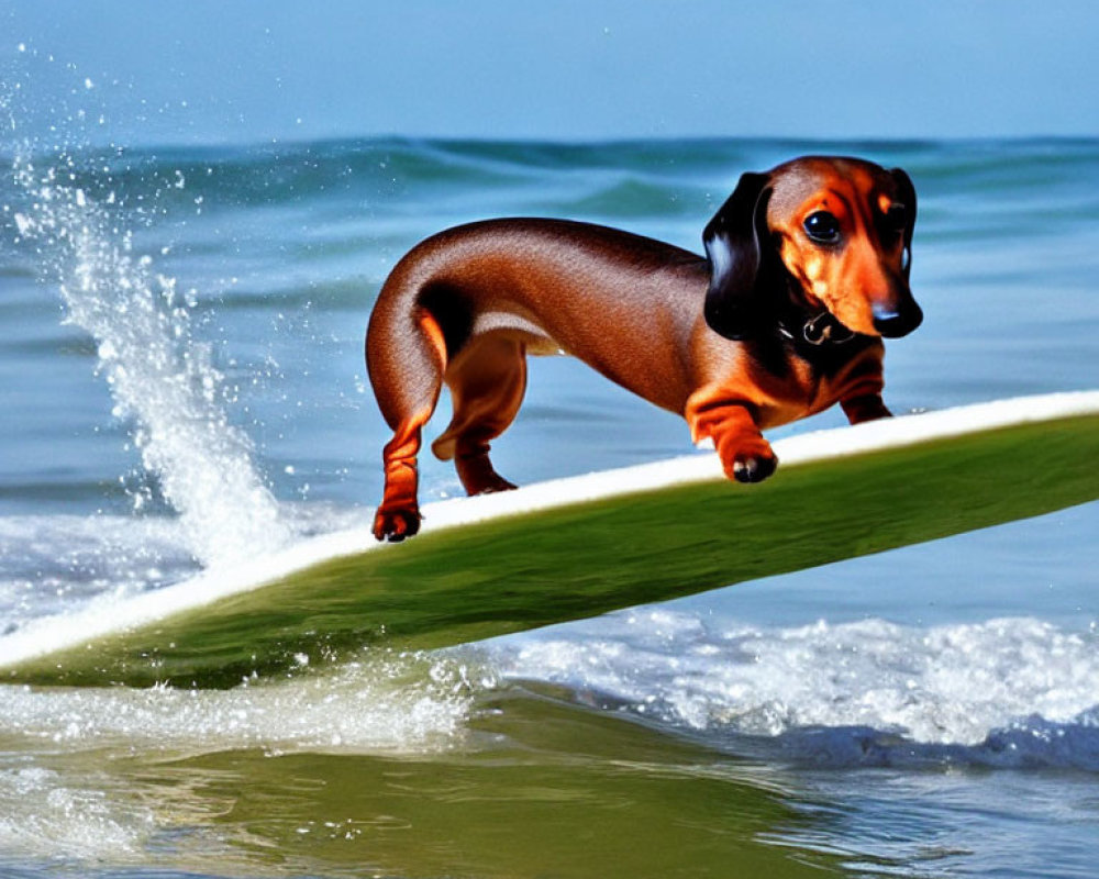 Dachshund Dog Surfing on Wave