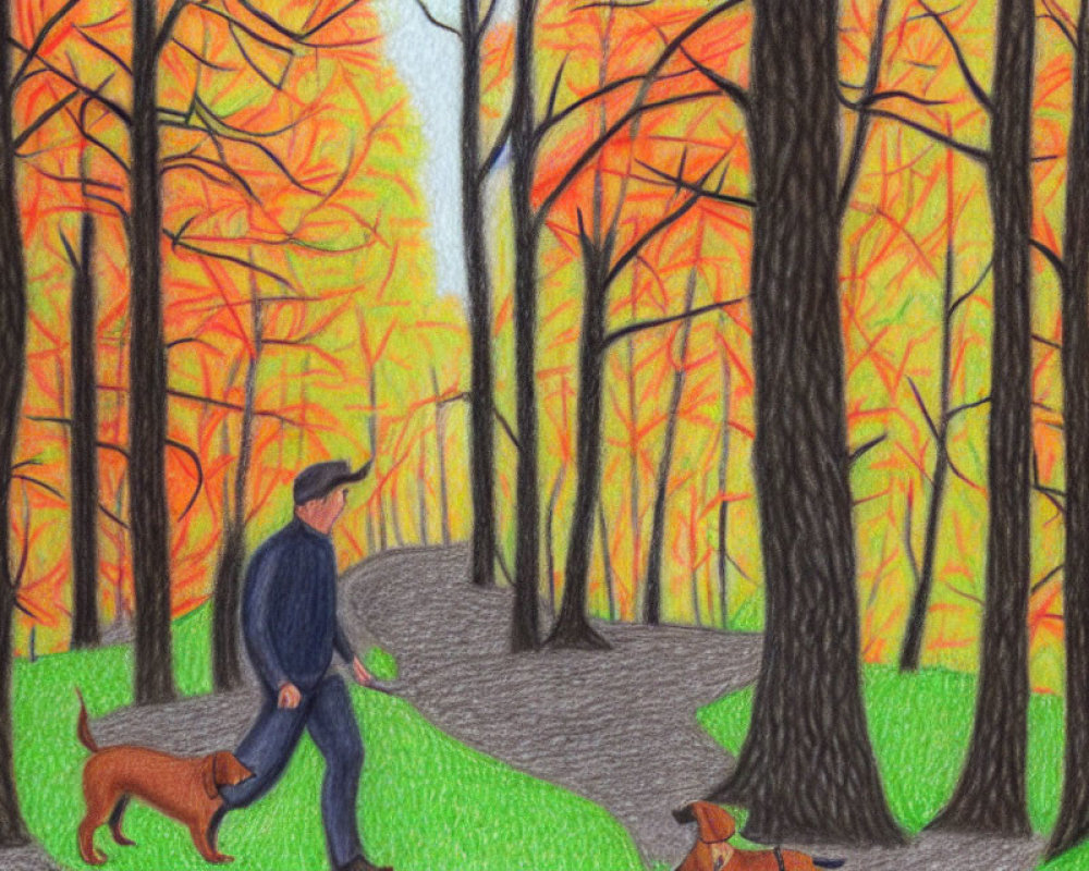 Man Walking Two Dogs on Autumn Forest Path