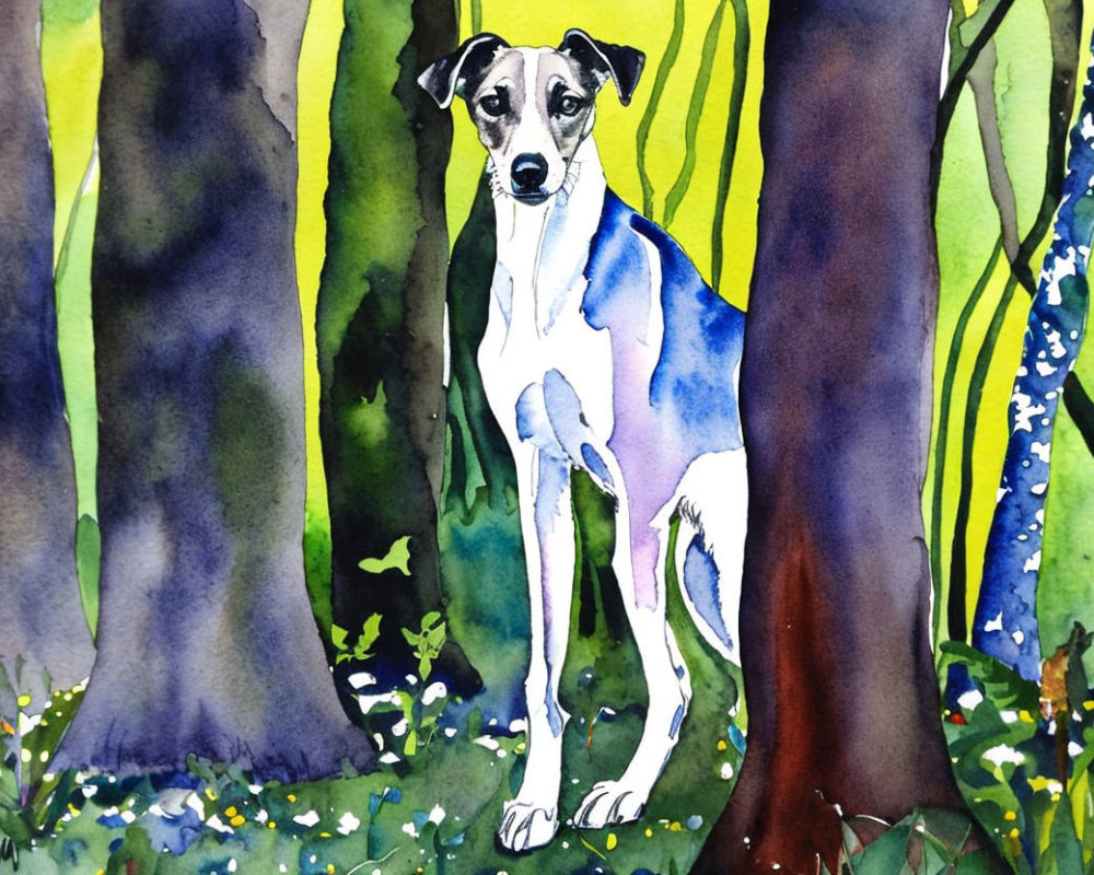 White Dog with Black and Brown Patches in Vibrant Forest Setting