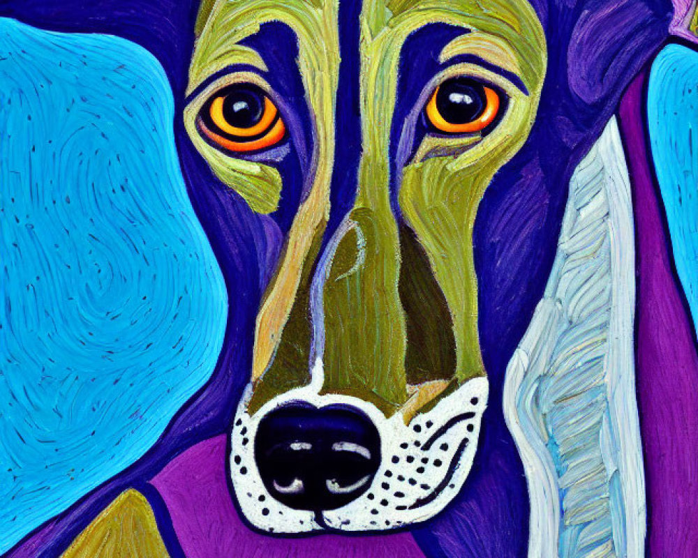 Colorful Van Gogh-Inspired Dog Painting in Blue, Purple, and Gold