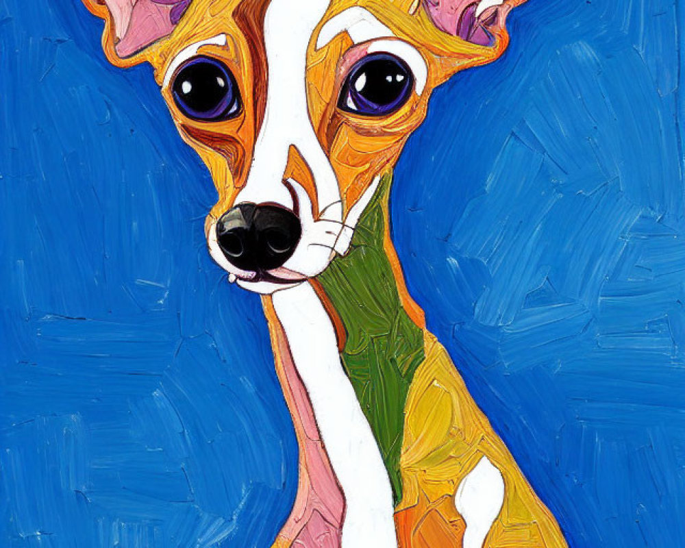 Brown and White Italian Greyhound Dog Painting on Blue Textured Background