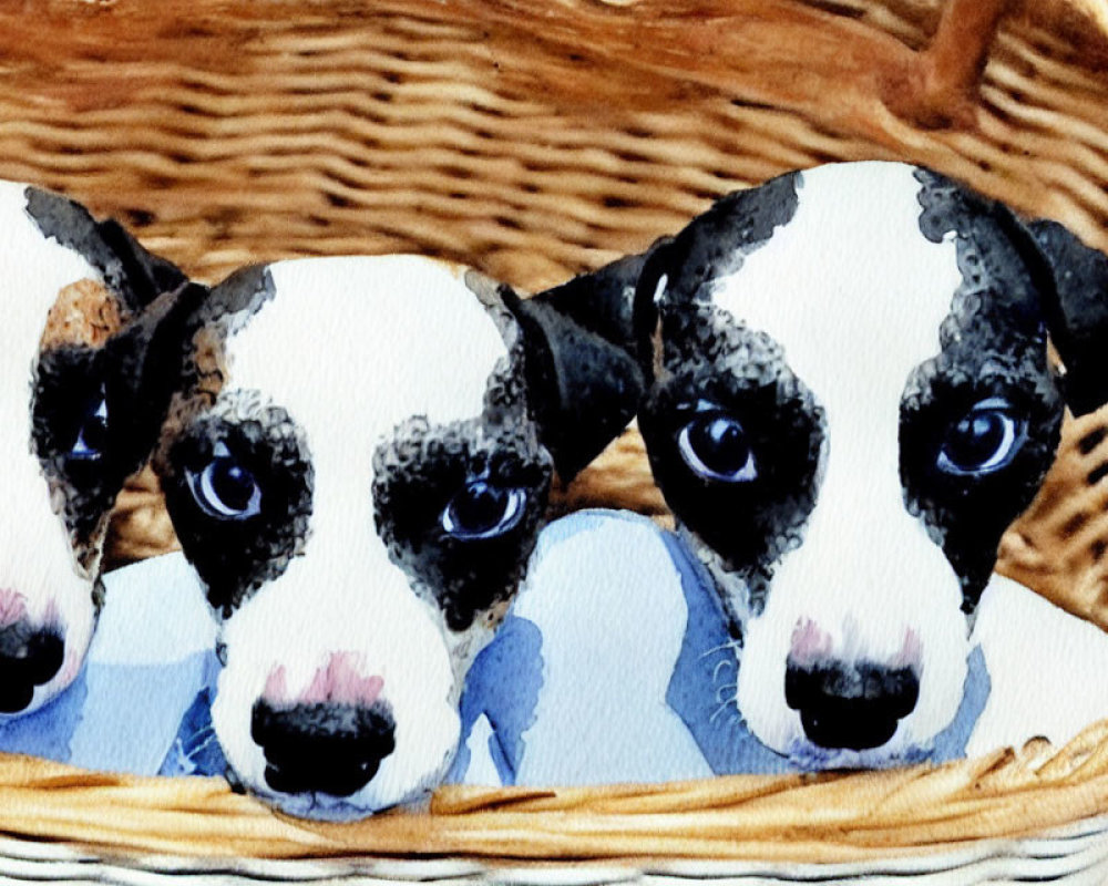 Three black and white puppies with piercing eyes in wicker basket