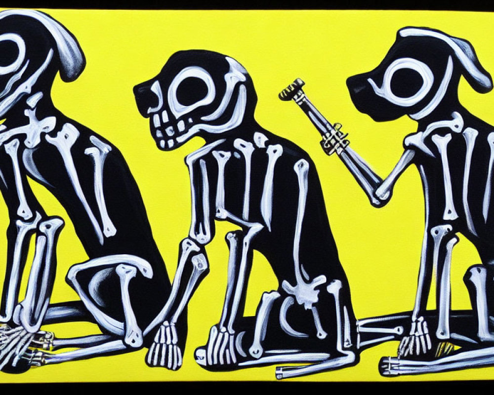 Monochromatic skeletal figures on yellow background with tool